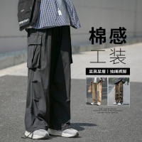 日系純棉工裝褲男士夏季薄款潮牌復古抽繩多口袋直筒黑色休閒褲子