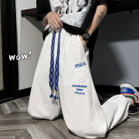 夏季潮牌高中生華夫格褲子男寬鬆大尺碼衛褲高街痞帥休閒九分運動褲