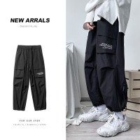 多兜工裝褲子男夏季薄款潮牌ins胖子大尺碼直筒寬鬆束腳九分休閒褲