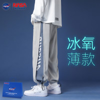 NASA聯名冰絲休閒工作服褲子男春秋夏季薄款2023新闊腿韓版束腳衛褲
