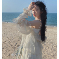 夏季雪紡防曬衣女長袖披肩時尚配吊帶裙子小開衫上衣人魚姬薄外衣