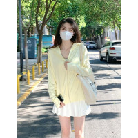 奶黃色防曬服外套女夏薄款透氣寬鬆顯瘦連帽開衫拉鍊防紫外線上衣
