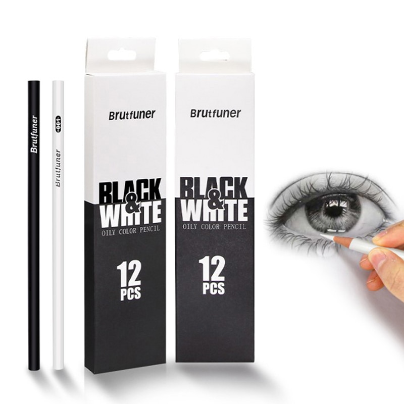 12PCS White & Black Colored Pencils Professional Oil Color Pencils Drawing Pencil Set Sketch School Office Student Art Supplies