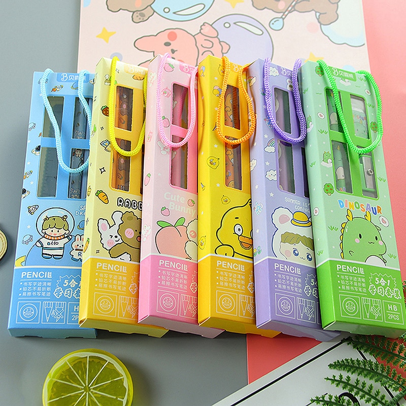 5pcs/Set New Kindergarten School Start Prize Portable Stationery Set Gift Box Student Children