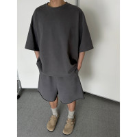 Babesochill-夏日舒適感寬鬆素灰色寬鬆短袖短褲休閒套裝