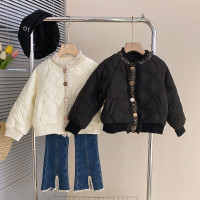 女童套装菱格棉衣棉服秋冬款拼接短款小香风外套加厚牛仔裤套装潮