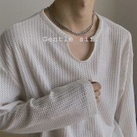 設計感白色長袖T恤男內搭短袖薄款V領寬鬆冰絲華夫格潮夏季打底衫