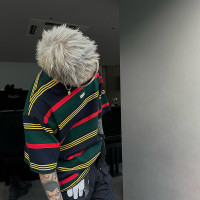 白鶴大大撞色條紋半袖t袖男夏季潮流復古刺繡寬鬆圓領純棉短袖ins