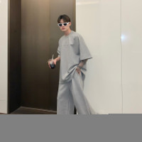 cuibuju 簡約小領口短袖男夏季立體字母休閒套裝百搭直筒長褲一套