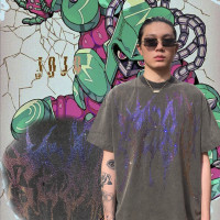 「AEPFS」528d異型字體燙鑽淬火炒雪花做舊寬鬆260g小領口短袖T恤