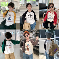 艾摩贝贝儿童韩版上衣2023秋款男女童宝宝卡通插肩撞色长袖T恤潮