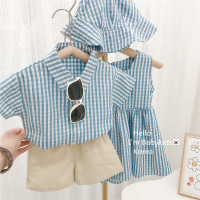 韩系小清新连衣裙夏2023儿童男女宝宝衬衣裤子套装洋气格子兄妹装