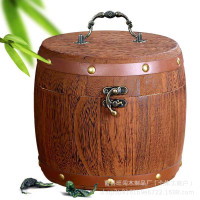 复古带锁炭烧木质茶叶桶家用圆形茶叶木桶可手提木制散茶叶储存桶