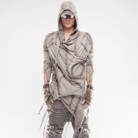 CHAUNK自主先鋒沙丘DEMO廢土風不對稱復古染色做舊連帽披掛T恤男