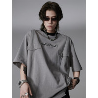 CROWORLD設計感分割假口袋短袖T恤男女寬鬆中性情侶純棉上衣夏