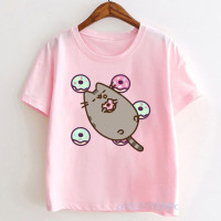 Летняя милая розовая футболка с мультяшным изображением толстого кота для девочек, милая детская одежда, топы, подарок на день рождения для детей, футболка с коротким рукавом