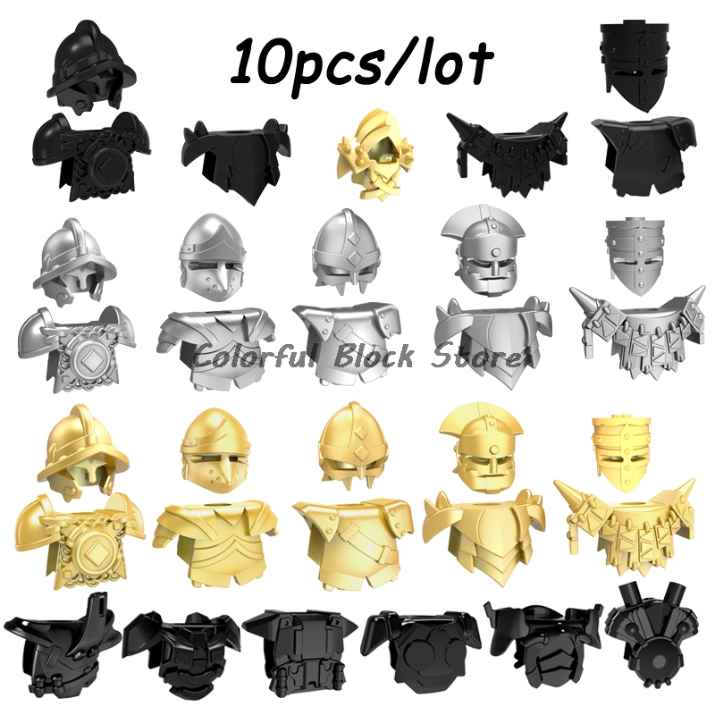 10PCS/LOT Medieval Soldiers Characters Helmets Battle Armor Building Blocks Accessories Black Gray Gold Children Boys Gifts Toys