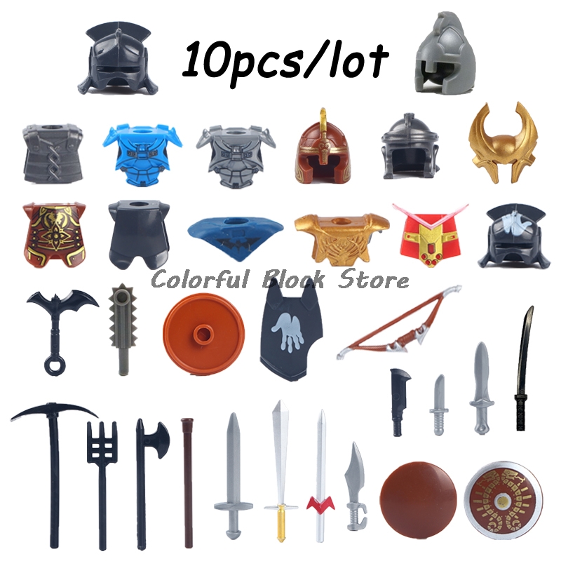 10PCS/LOT Accessories Building Blocks Soldier Warrior Helmet Armor Shield Sword Knife Spear Compatible figures Toys Child Gifts