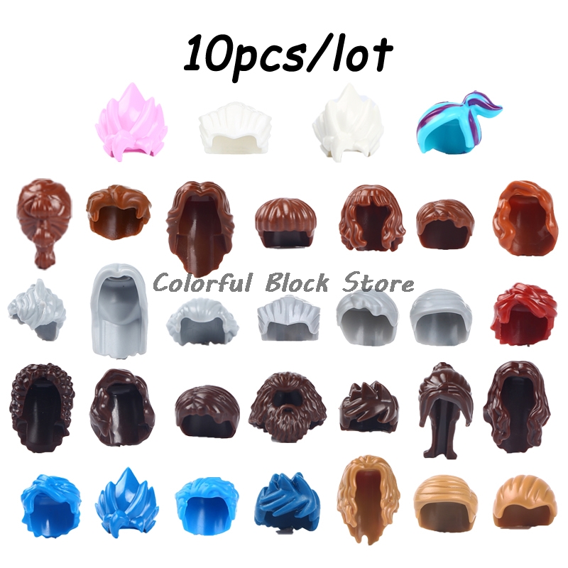 10PCS/LOT Building Blocks Figures Hair Accessories Gray Brown Blue Hair Toys Children Gifts Cute Cool Style Creative MOC Boy