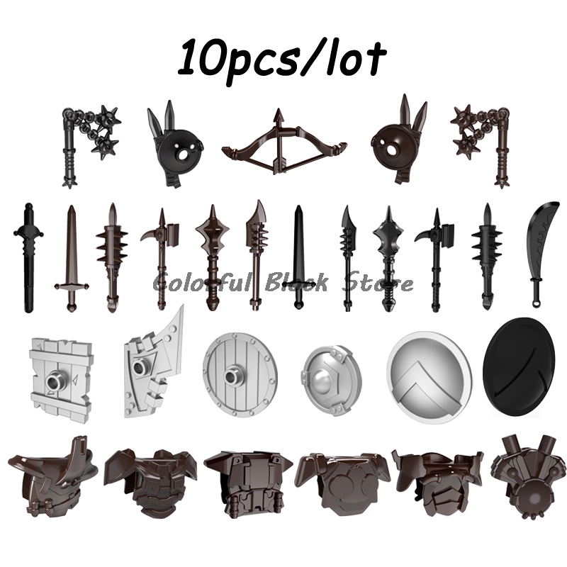 10PCS/LOT Building Blocks Weapon Accessories Medieval Soldiers Armor Shields Knives Bows Arrows Gray Black Brown Children Toy