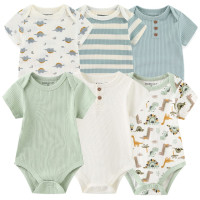 Комбинезоны для новорожденных 6 предметов, хлопковый комплект одежды для маленьких девочек, одежда для маленьких мальчиков с коротким рукавом, однотонная летняя мультяшная одежда, 2023