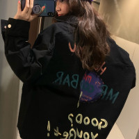 現貨設計款韓國2023秋季女背後手繪塗鴉印花黑色硬朗牛仔襯衫外套