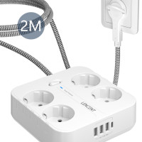 Сетевой фильтр LENCENT с европейской вилкой и 4 розетками переменного тока + 3 USB + 1 Type C, 2 м, плетеный кабель 700 ярких цветов с переключателем для дома