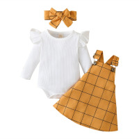 Комплект осенне-весенней одежды из 3 предметов, комбинезон с длинными рукавами и оборками для маленьких девочек + юбка в клетку сарафан + повязка на голову для новорожденных детей
