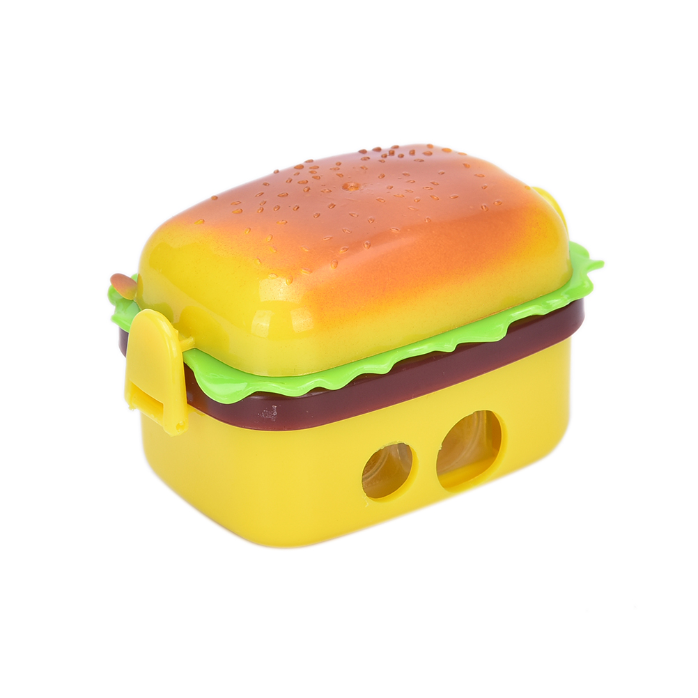 High quality mechanical 2 Hole Hamburger Shape Pencil sharpener with two rubbers/eraser Standard Pencil sharpener Stationary