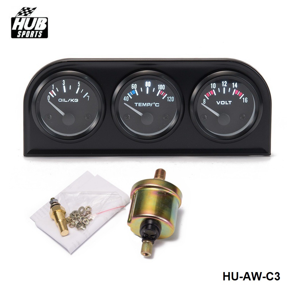 Hubsports -52MM 3 in1 Car Accuracy Meter Auto Gauge Water Temperature Oil Pressure Oil Press or Volt Gauge With Sensor HU-AW-C3