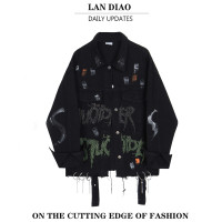 LAN DIAO春秋季新款美式街頭小眾潮牌牛仔外套女嘻哈燙鑽毛邊破洞