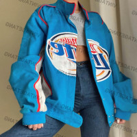 一線品牌大牌尾單剪標外貿美式復古藍色立領街頭機車服外套女夾克