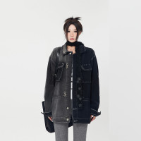 ZHL STUDIO美式復古拼色水洗毛邊牛仔外套女春季新款休閒情侶夾克