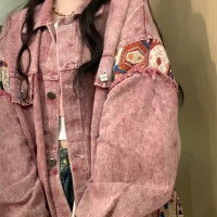 森系小香風牛仔外套女春秋復古做舊拼接設計感小眾寬鬆開衫夾克潮