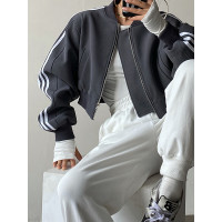 AcupStudio江右上歐美辣妹運動感三條槓黑白條紋棒球服拉鍊夾克女