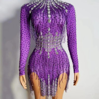 ShiningRhinestoneTasselPartyPromDressWomenSexyPurpleBirthday праздничная одежда, прозрачная одежда