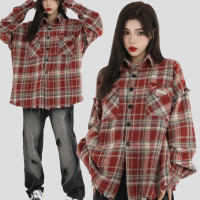 NOPASS 國潮牌情侶自制美式做舊毛邊布貼繡襯衫外套破壞格紋夾克
