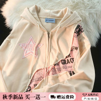 逃離地球美式炸街星星字母印花拼接開衫厚棉T女潮牌甜酷風寬鬆外套