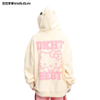 文文不乖原創可愛卡通Hello開衫拉鍊連帽運動衫女秋外套寬鬆慵懶風