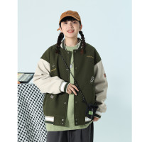 小眾工裝復古綠色棒球服女簡約純色字母刺繡寬鬆bf情侶夾克外套女