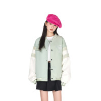 KLDINOR 潮牌玫瑰花刺繡小清新小香風拼接棒球服綠色外套寬鬆春季