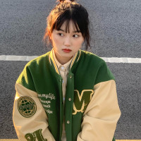 美式街頭復古學院風外套女學生夾克2023新款綠色國潮牌情侶棒球服