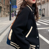 莉唄啉sisy棒球服女2023秋新款綿羊毛休閒百搭復古短款黑色小外套