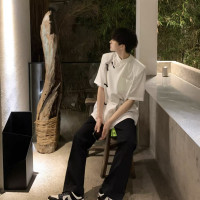 新中式男裝國風盤扣襯衫男夏季短袖無領墊肩太極服設計感高級道袍