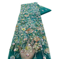 2024 Роскошная французская Свадебная кружевная ткань ручной работы с вышивкой 3D Цветы из бисера тюль кружевная ткань с блестками 5 ярдов Z6214