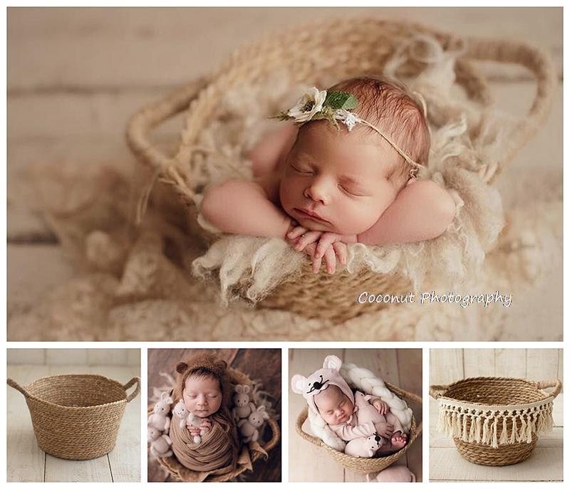 Coconut newborn photography props Vintage handle straw basket newborn full moon baby shooting container basket basin