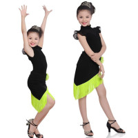 Детское современное платье для бальных танцев для девочек, танцевальный костюм с зеленой бахромой для сальсы, танго, черная сценическая одежда для выступлений