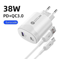 Настенное зарядное устройство Tatal 38 Вт с быстрой зарядкой PD20W Power3.0 с usb-кабелем типа C для Xiaomi iPhone Samsung