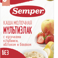 Каша детская Semper с 9 месяцев Молочная, Мультизлак с кусочками клубники, яблоком и бананом, сухая, 180 г