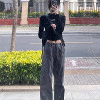 貓仕灰色工裝褲女夏季薄款小個子美式復古設計感小眾情侶直筒長褲